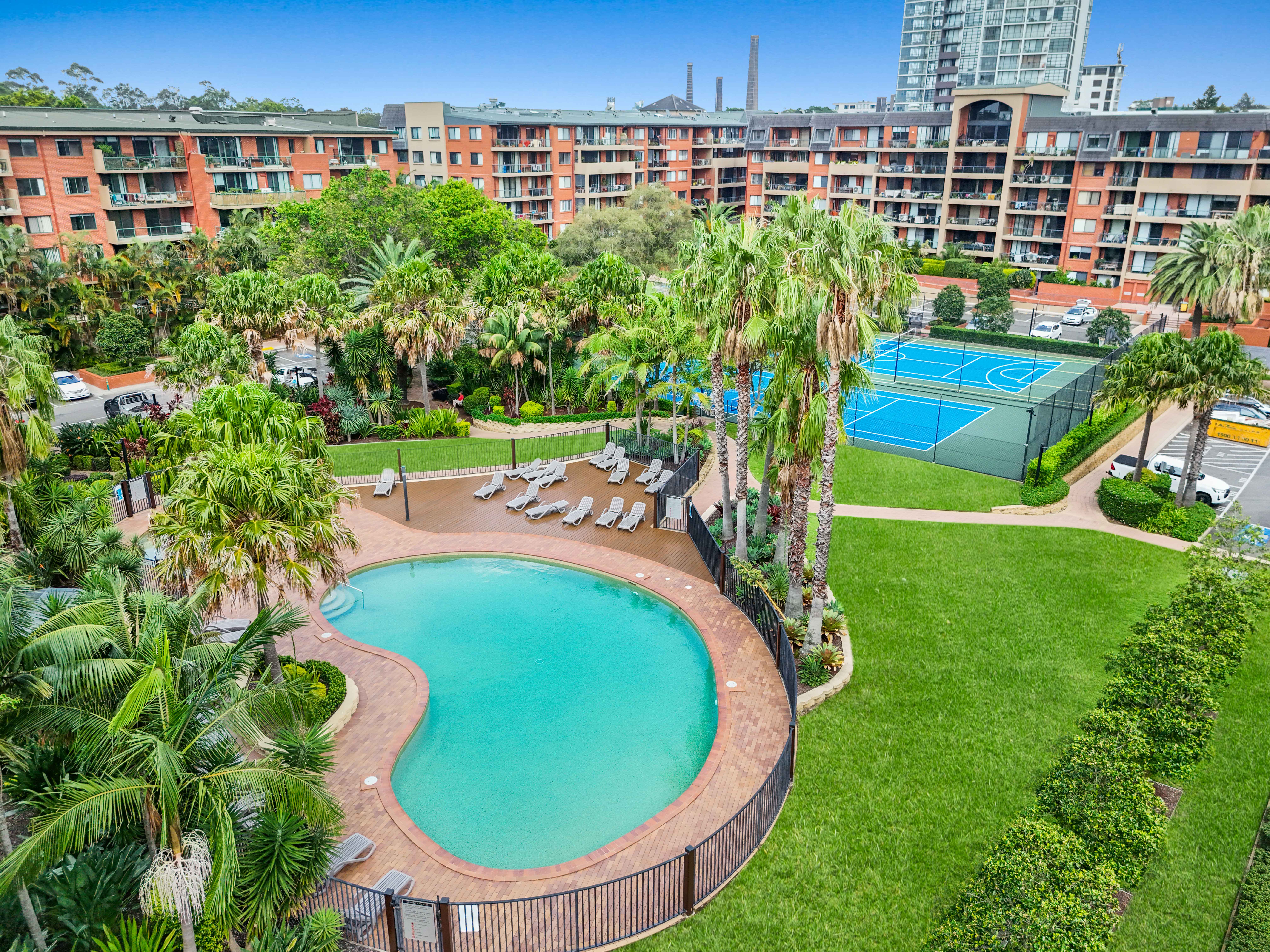 Aerial view of the SPV pool deck and tennis courts
