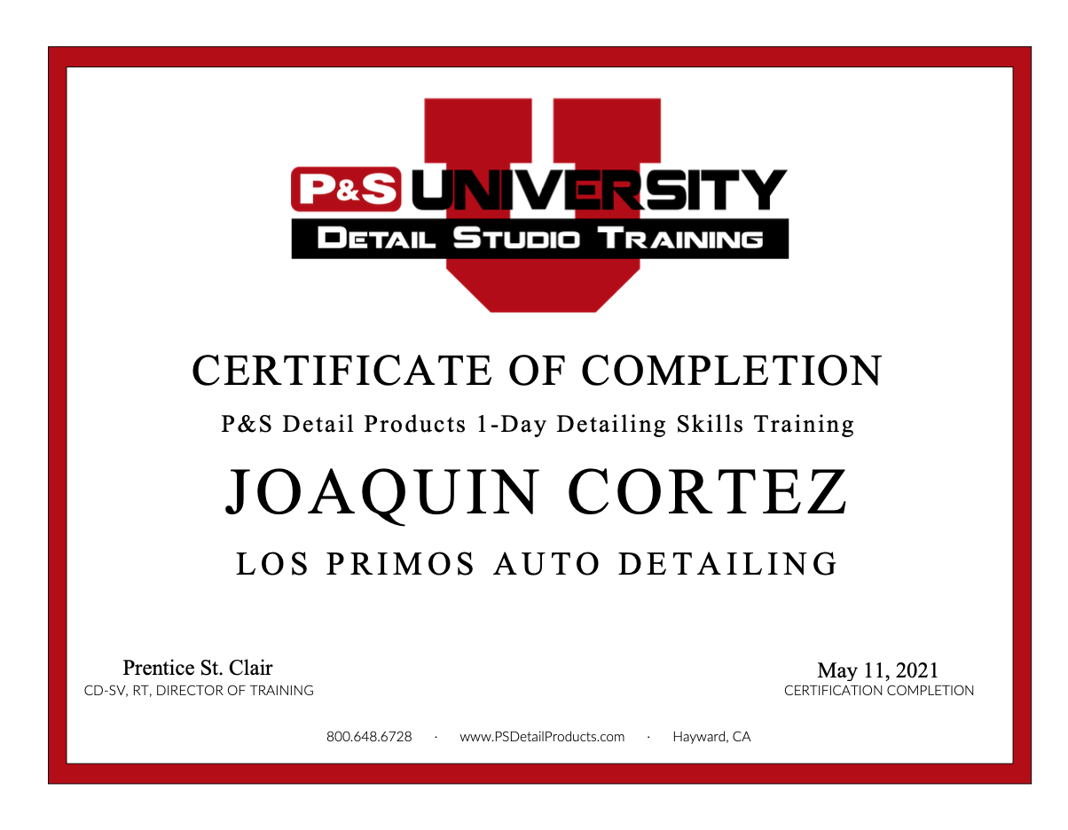 Joaquin detailing skills training certificate