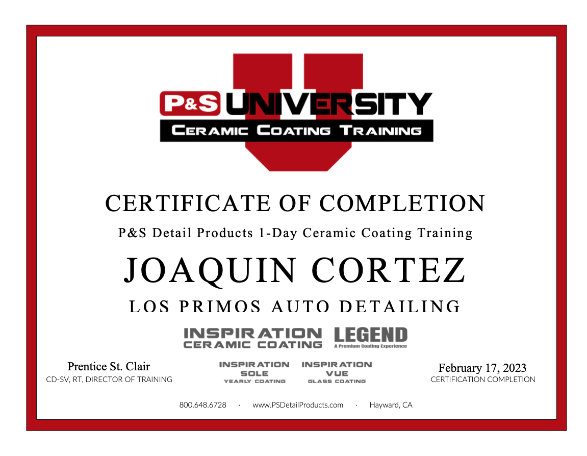 Joaquin Ceramic Coating training certificate