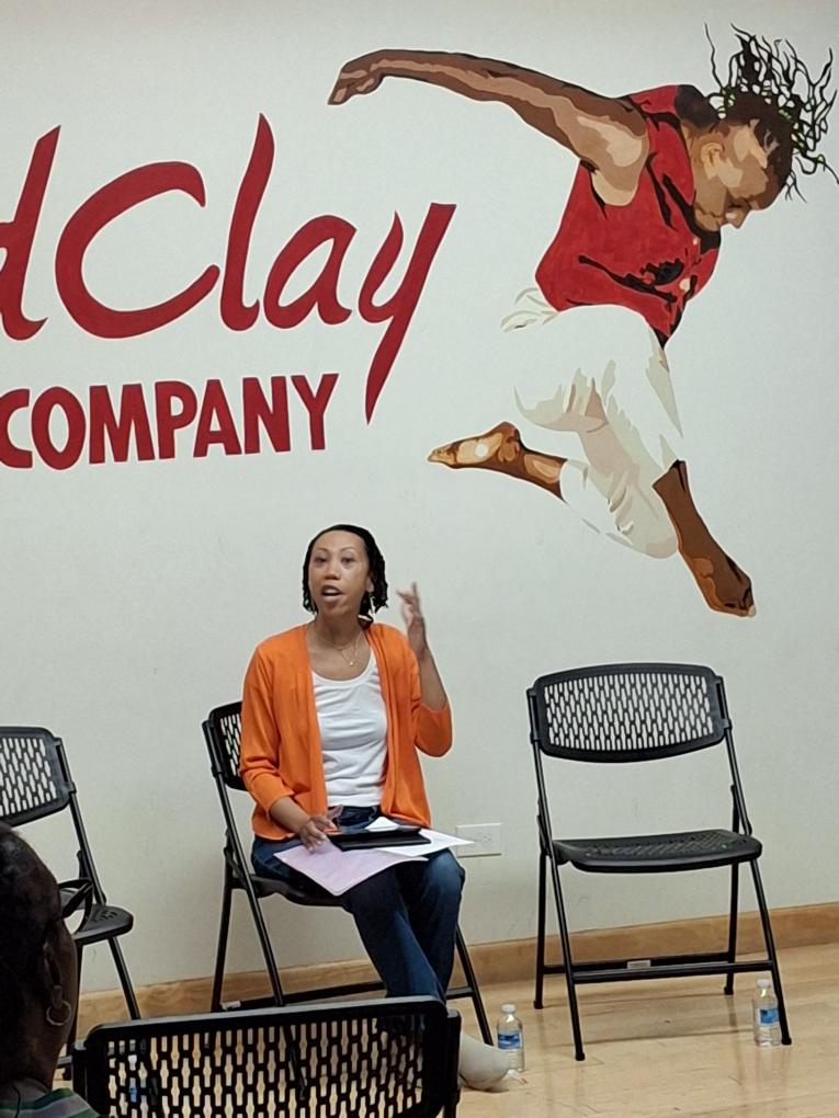 Rosalyn Bates leading a discussion