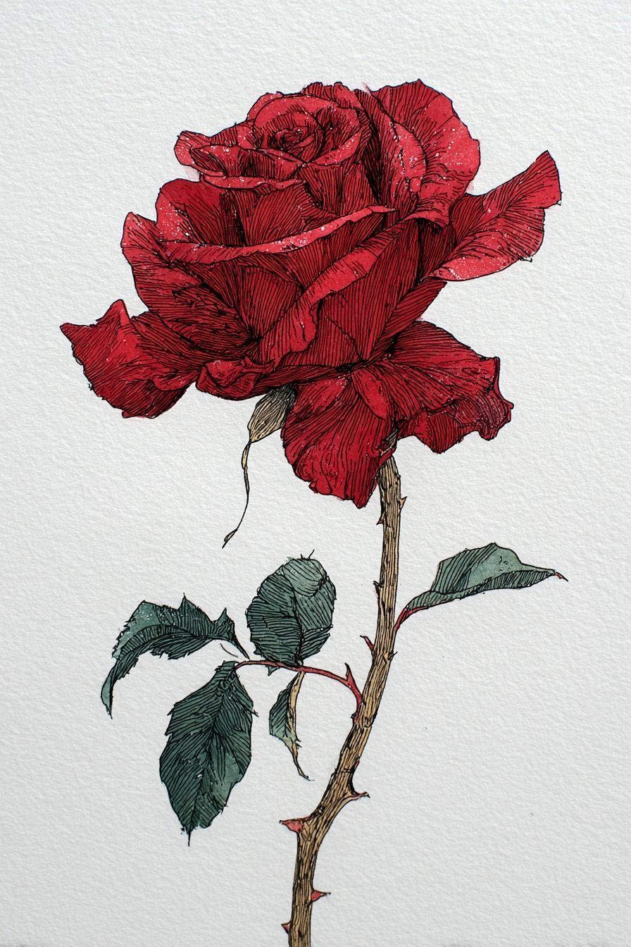 Illustration of a red rose with green leaves and a thorned stem