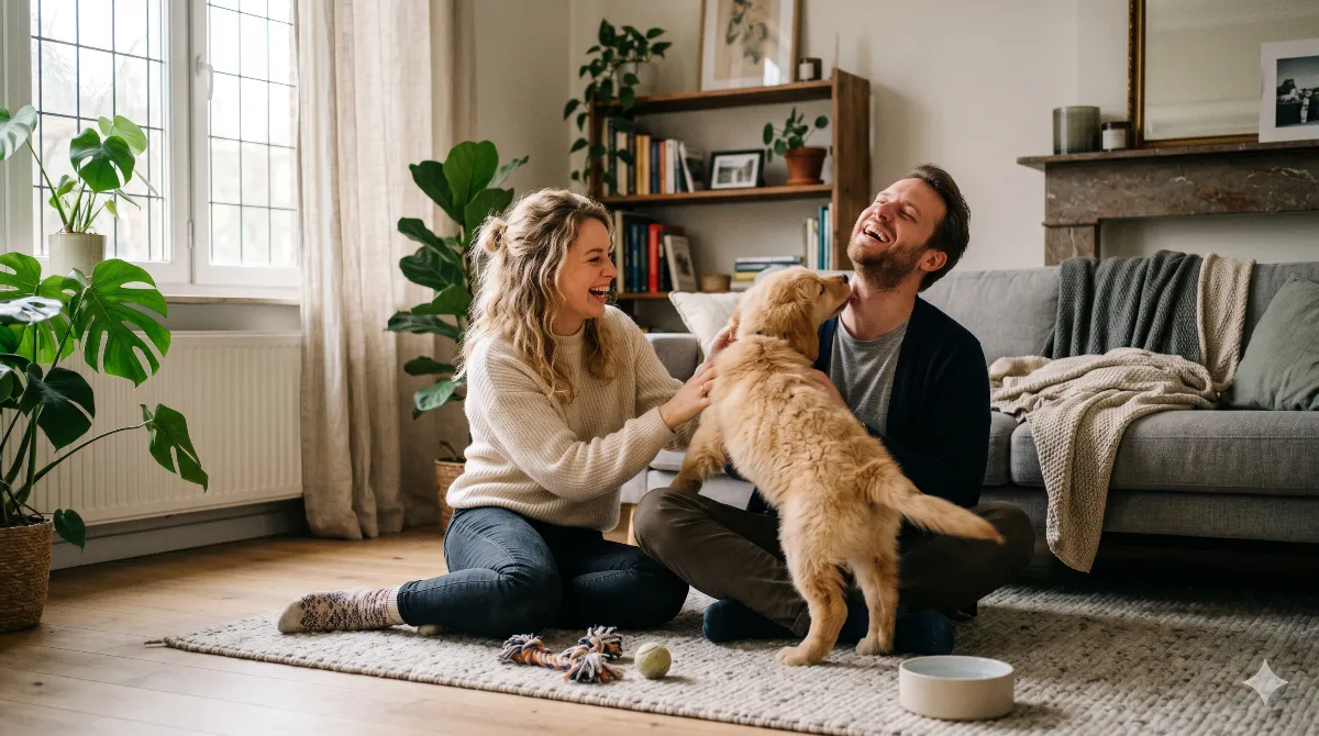 Koppel speelt met een golden retriever puppy in de woonkamer