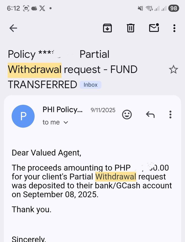 Partial withdrawal fund transferred confirmation