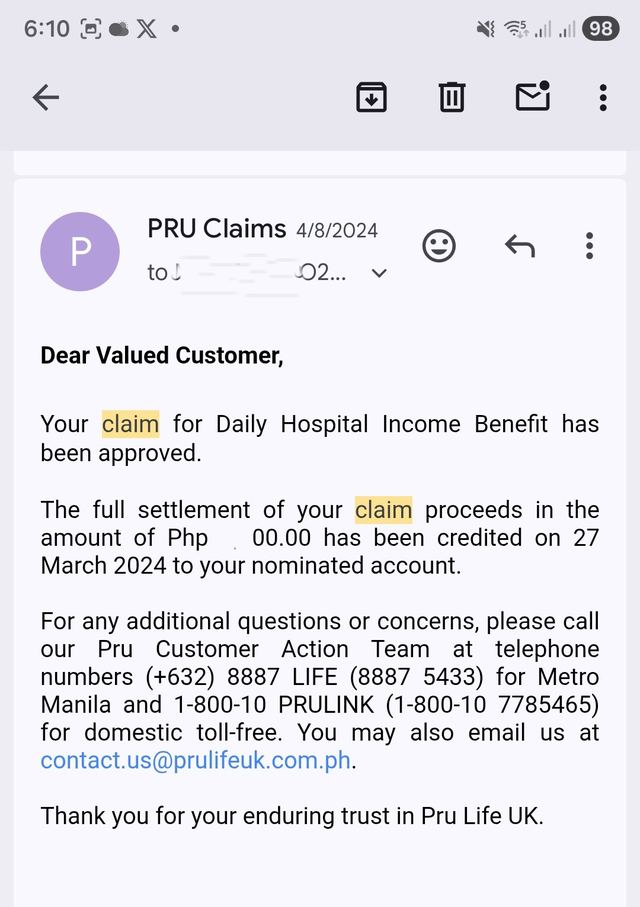Claim approved email, Daily Hospital Income Benefit