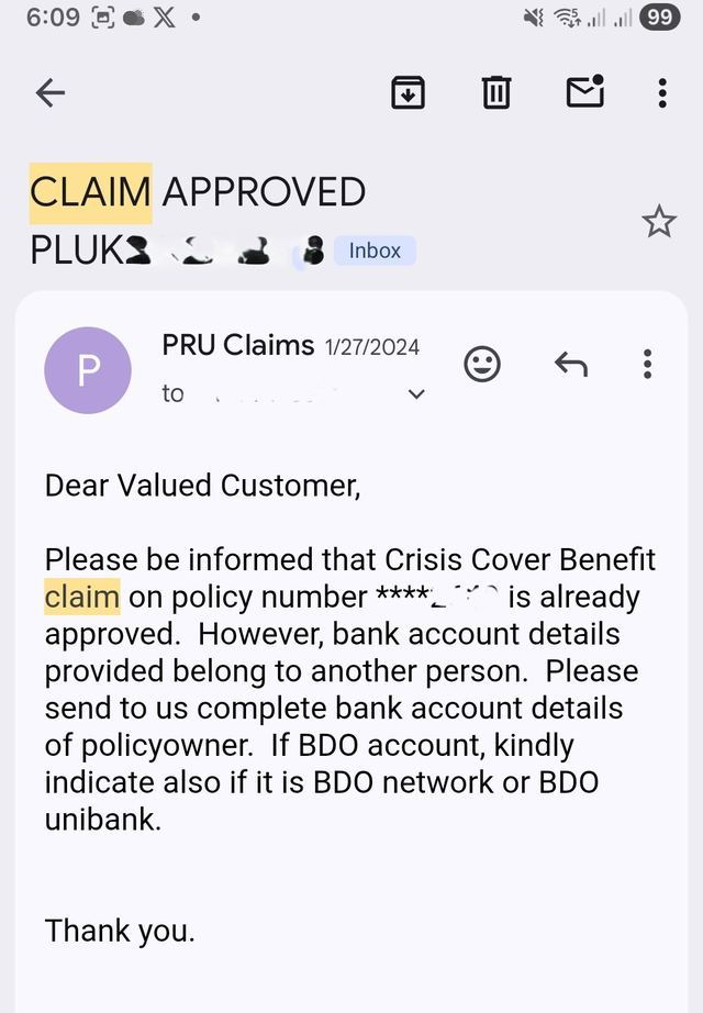 Claim approved email, Crisis Cover Benefit