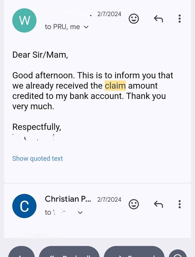 Client email confirming receipt of claim amount