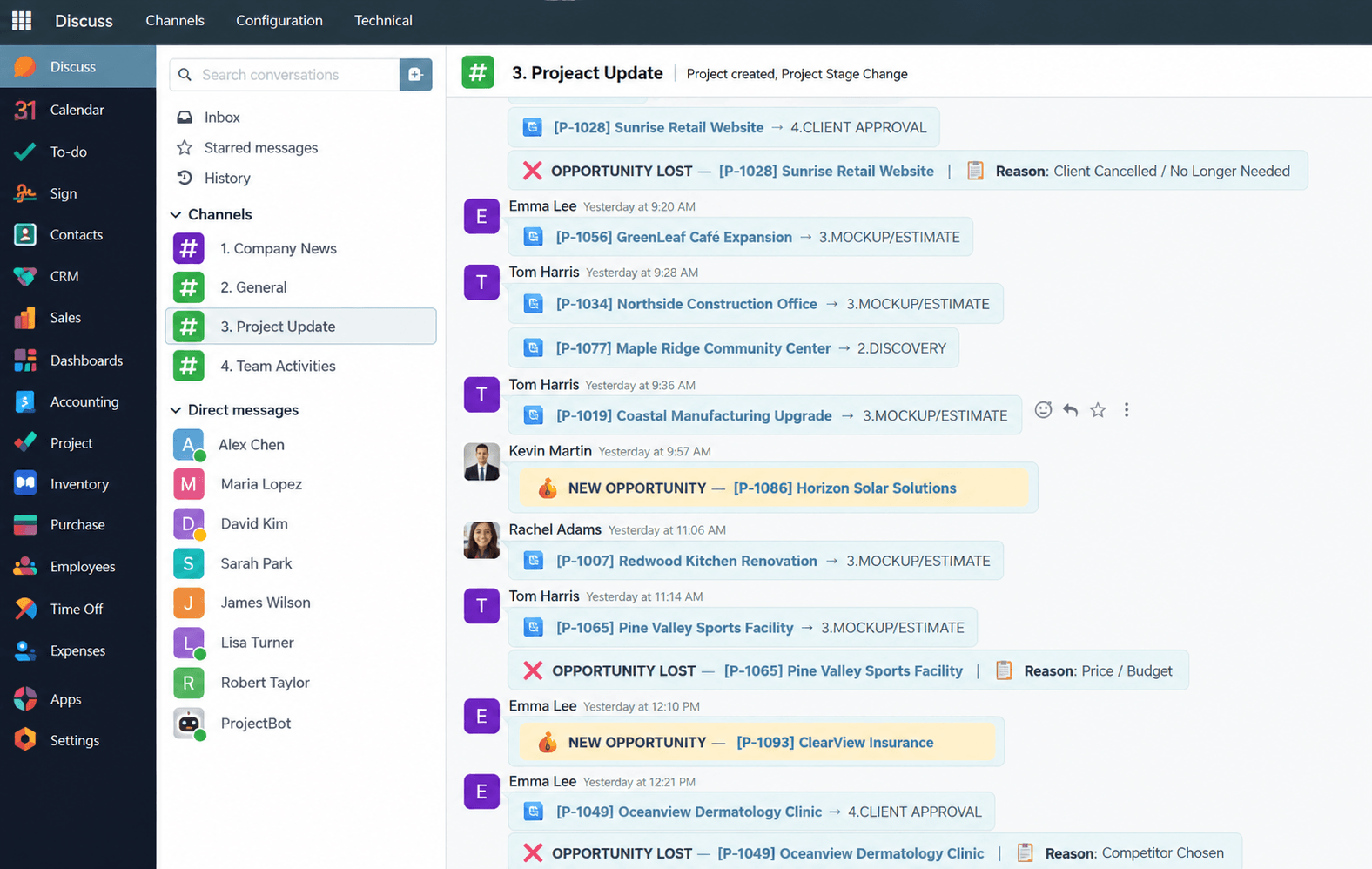 Odoo Discuss channel listing new opportunities, project stage changes and lost opportunities with their reasons