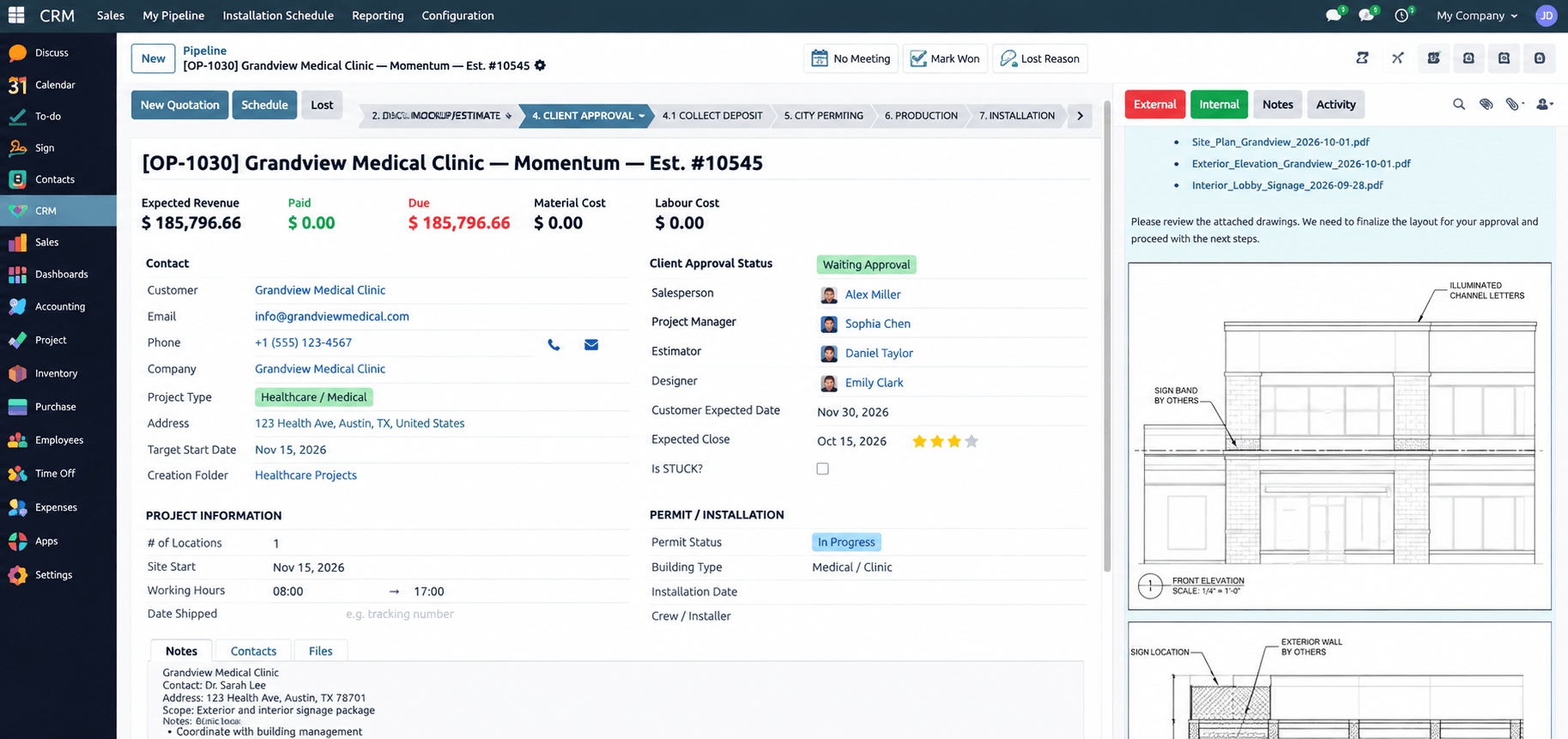 Odoo CRM opportunity record with a stage bar, expected revenue, paid and due amounts, material and labour cost, assigned roles, client approval status and permit and installation details