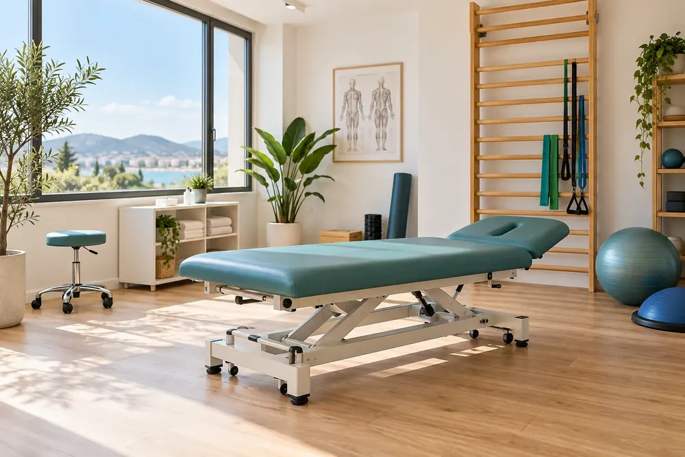 Espacio ilustrativo de una clínica de fisioterapia con camilla y material de rehabilitación