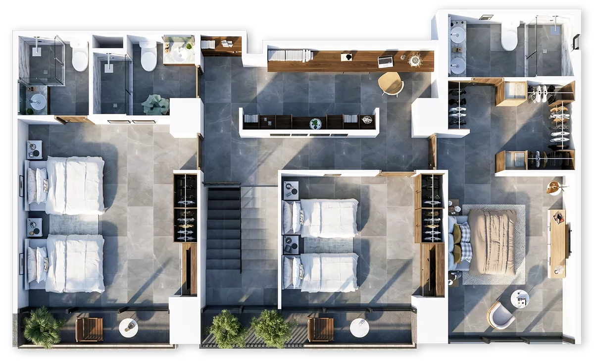 Vista isométrica de configuraciones disponibles Atempo San Ángel 16 tipologías