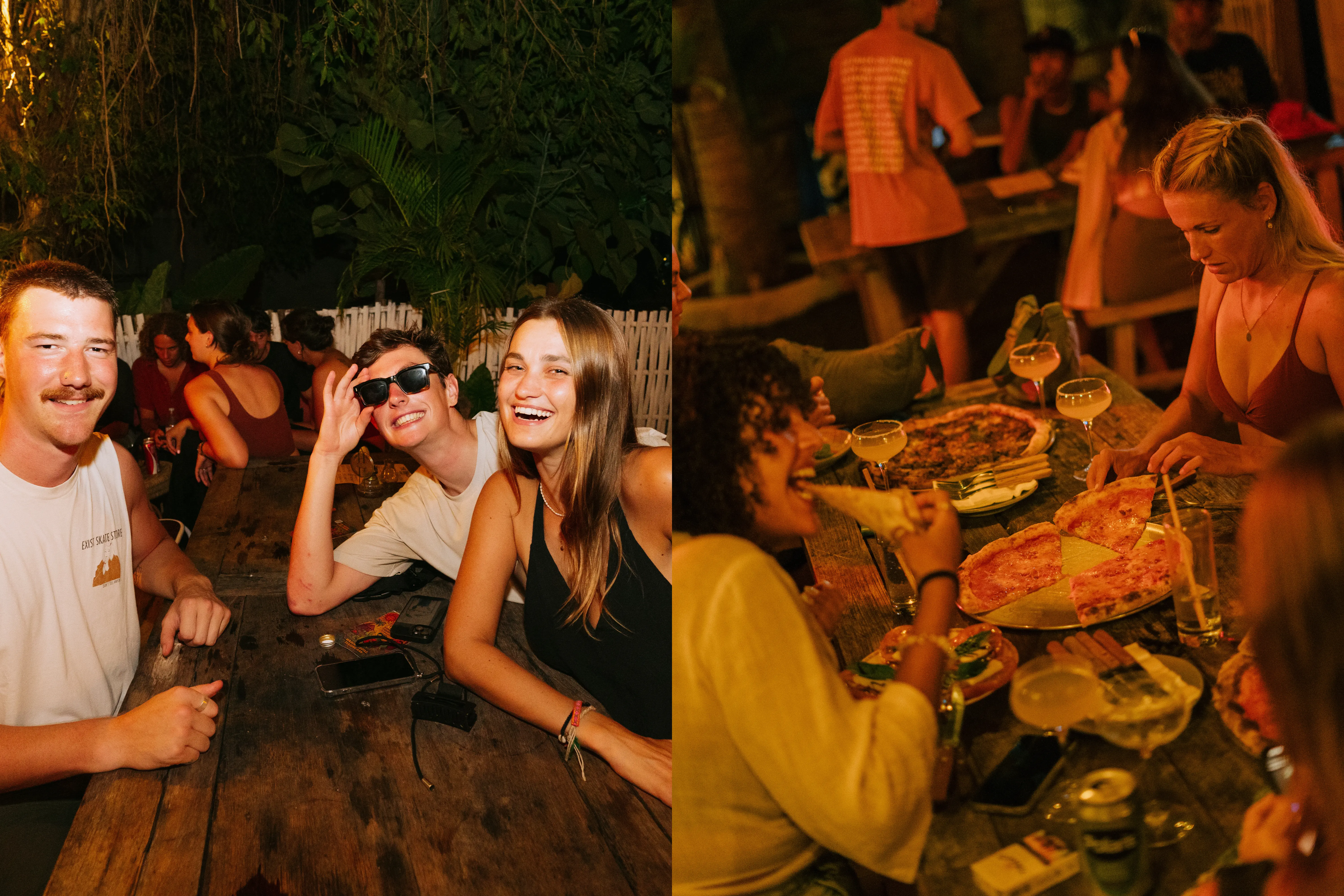 group of people eating pizza