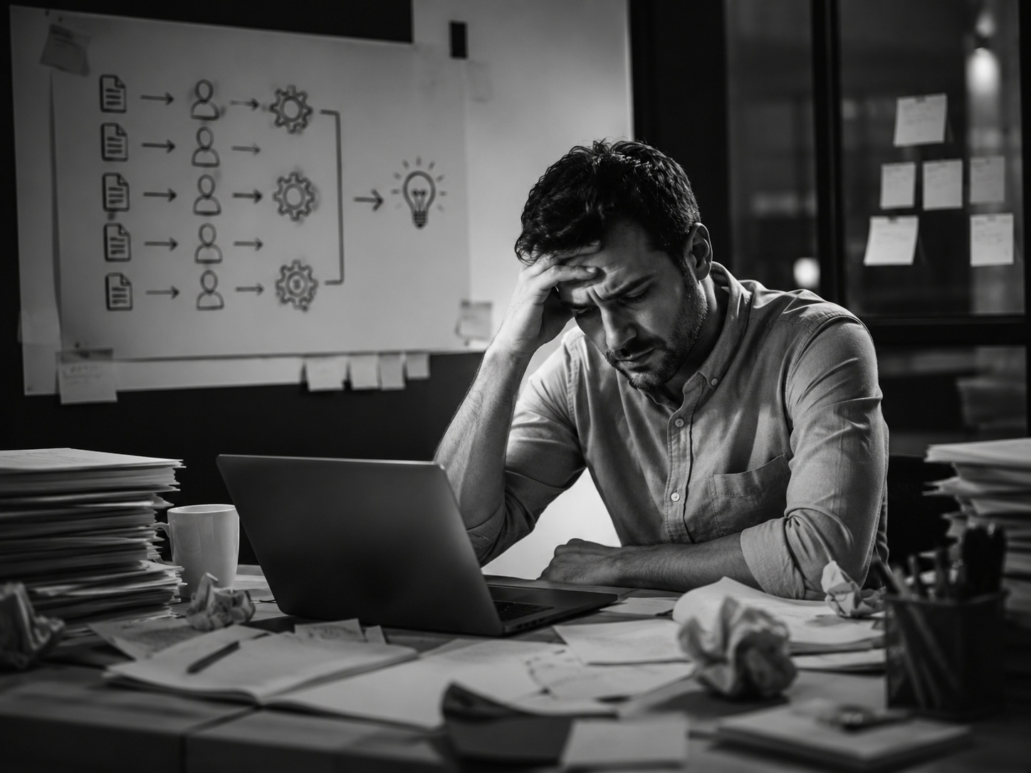 شخص مرهق يفكر في الأوتوميشن أمام مهامه المتراكمة