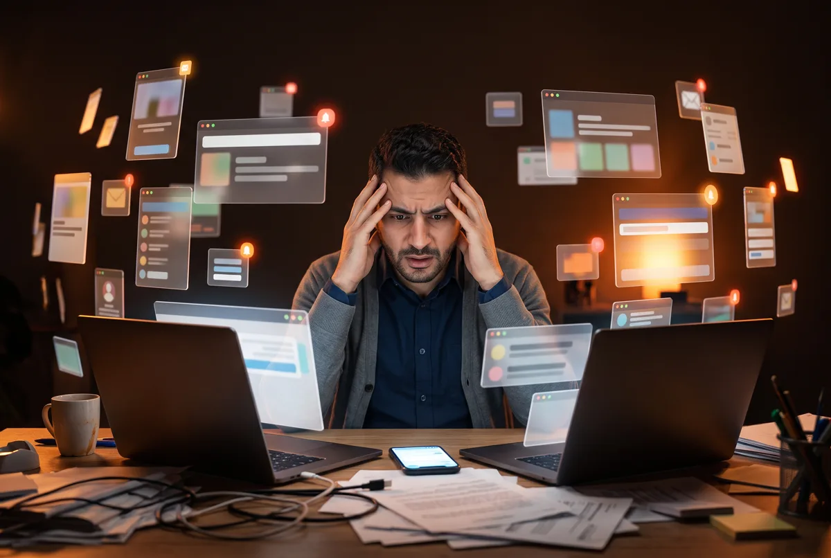 محترف مرهق وسط عشرات النوافذ والإشعارات المتناثرة