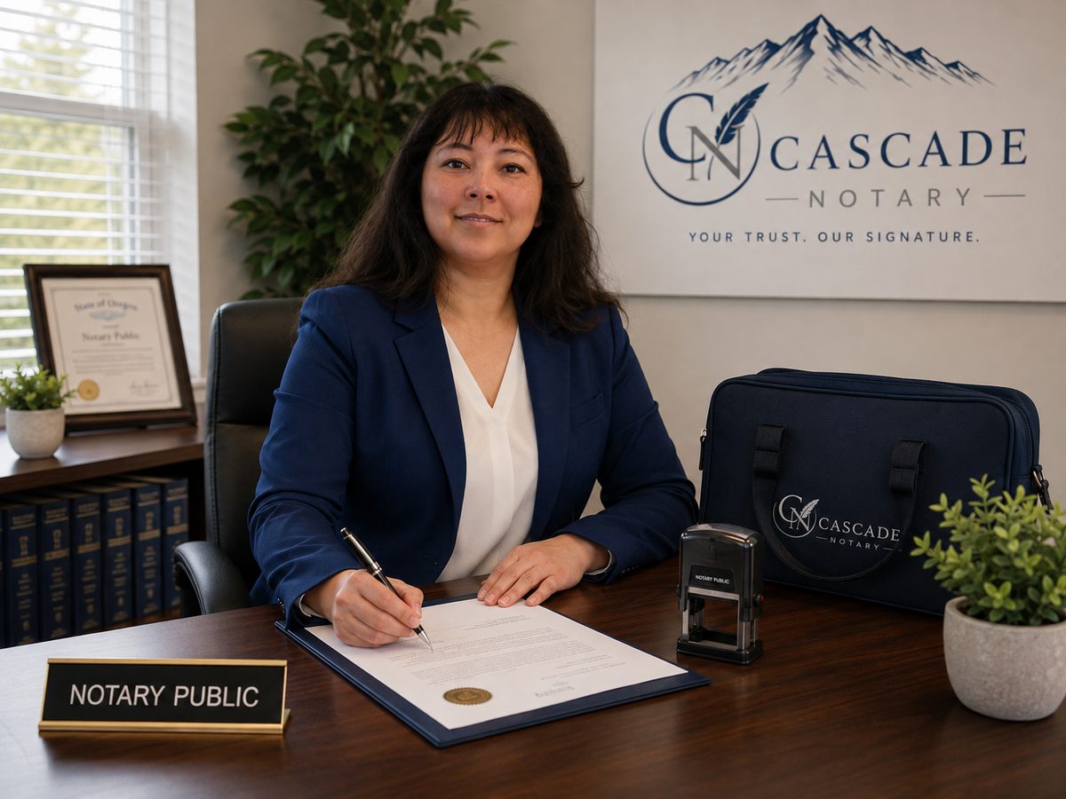 Jasmine Sunda of Cascade Notary, LLC notarizing a document at her desk, with her Oregon notary commission, seal and mobile notary bag