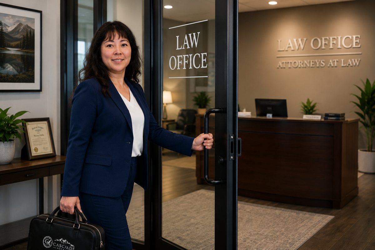 Jasmine Sunda, owner of Cascade Notary, LLC, arriving at a law office for a mobile notary appointment