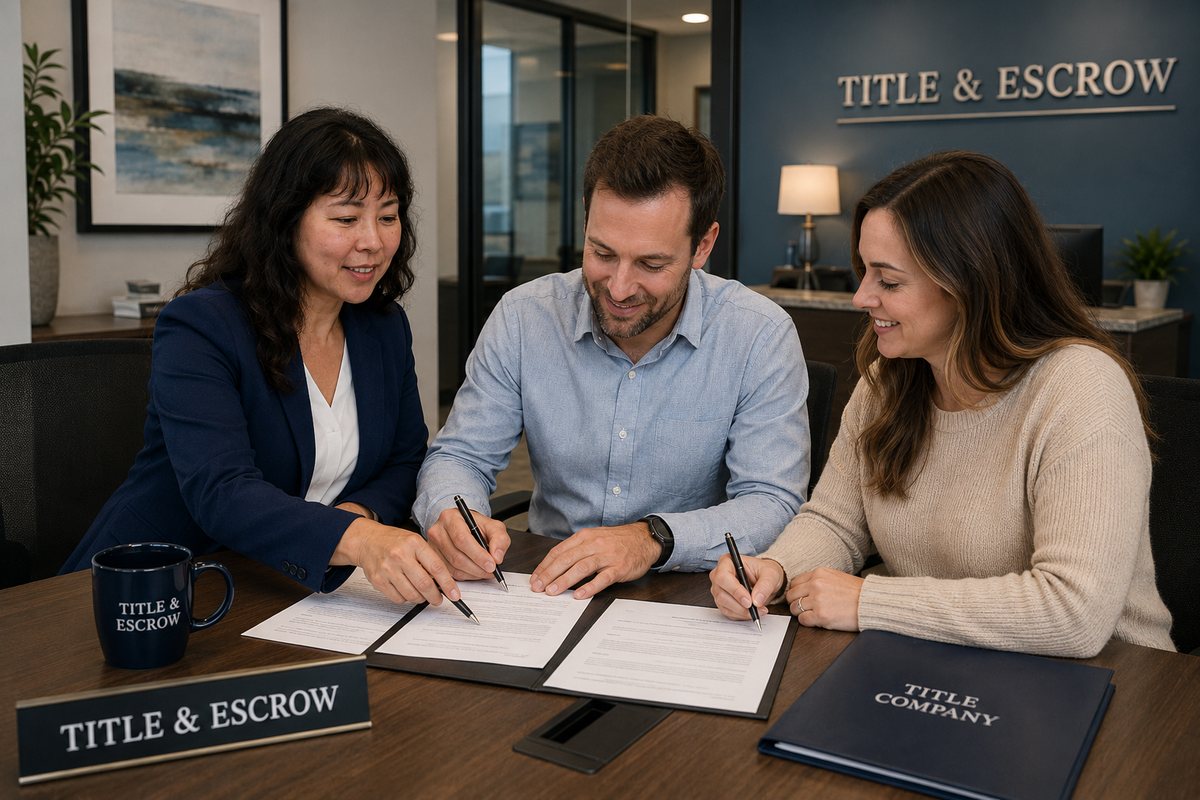 Jasmine Sunda of Cascade Notary, LLC notarizing signatures for two clients at a title and escrow office