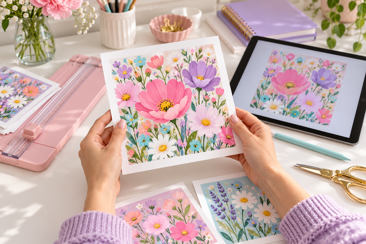 Hands holding a finished floral art print beside a tablet and creative tools