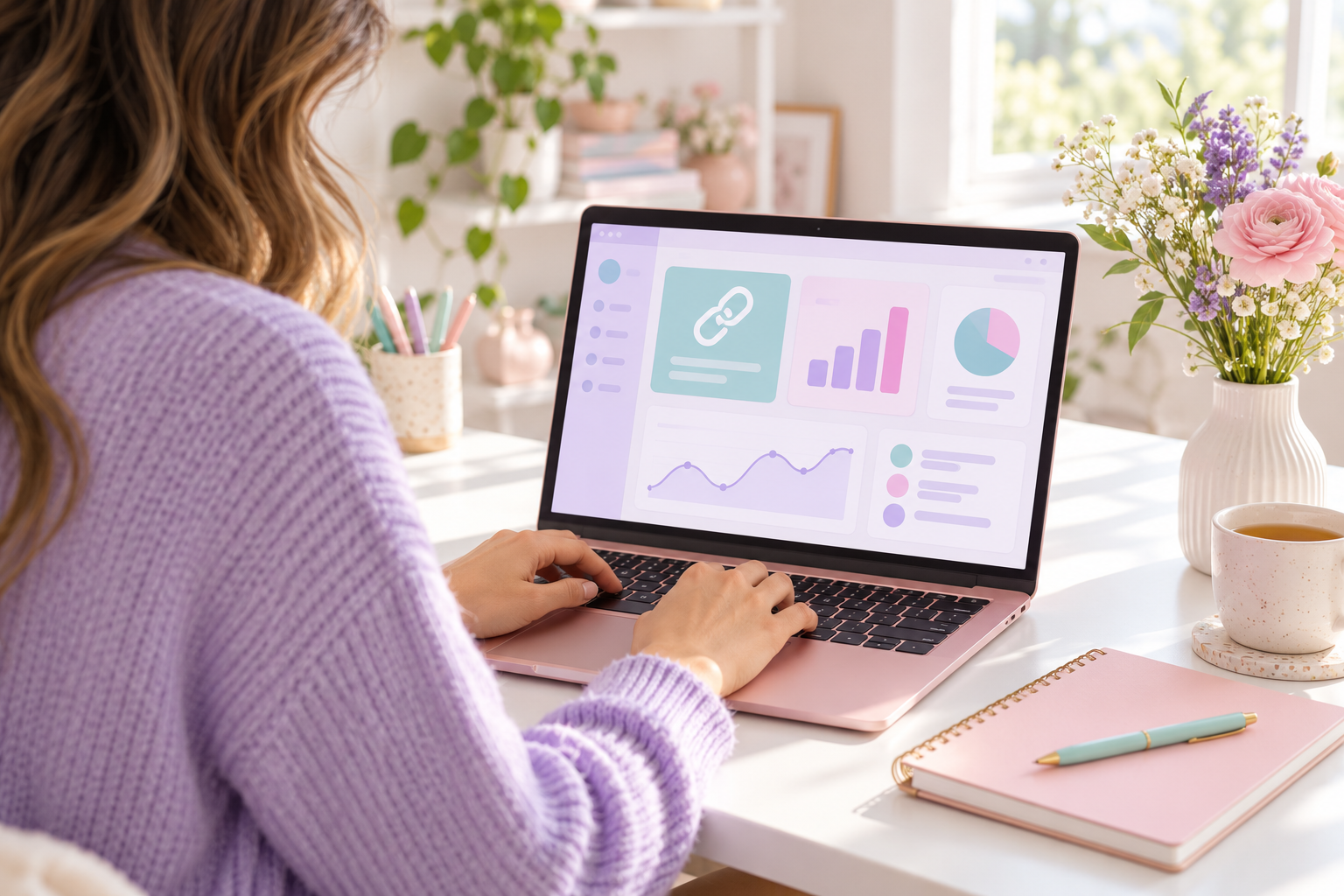 Illustrative creative workspace with an affiliate dashboard on a laptop