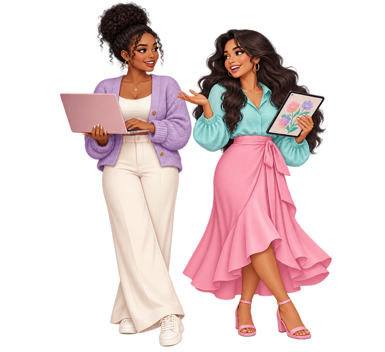 Two creative friends sharing ideas with a laptop and tablet