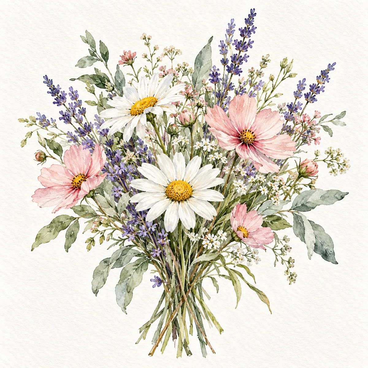 Traditional watercolor bouquet of daisies, blush cosmos, lavender, and sage foliage