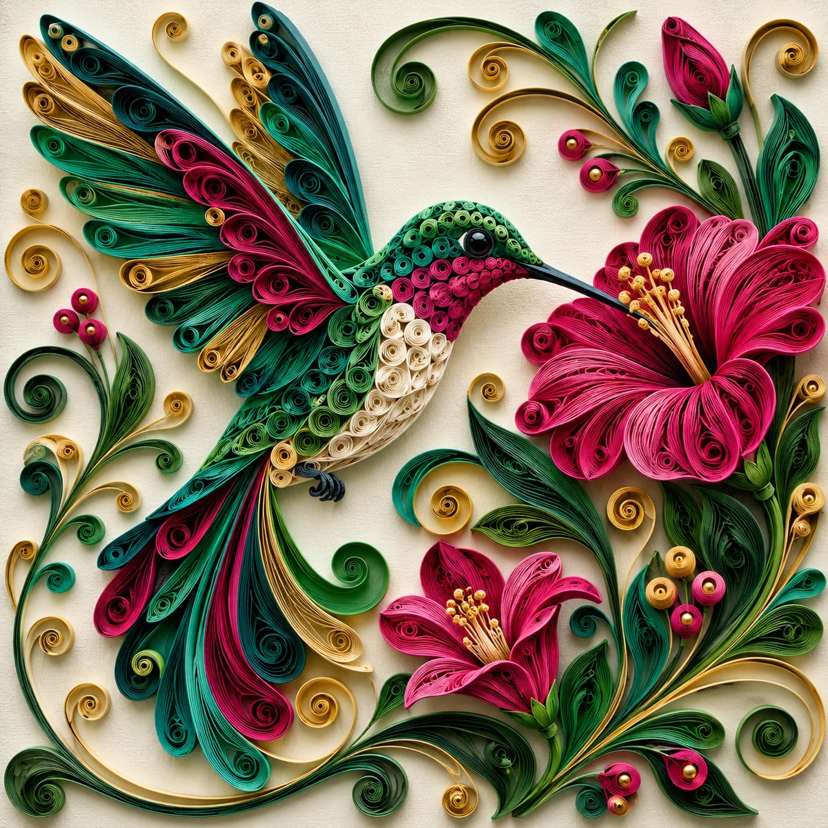 Paper Quilling: Elegant hummingbird formed from colorful curled paper strips and floral swirls