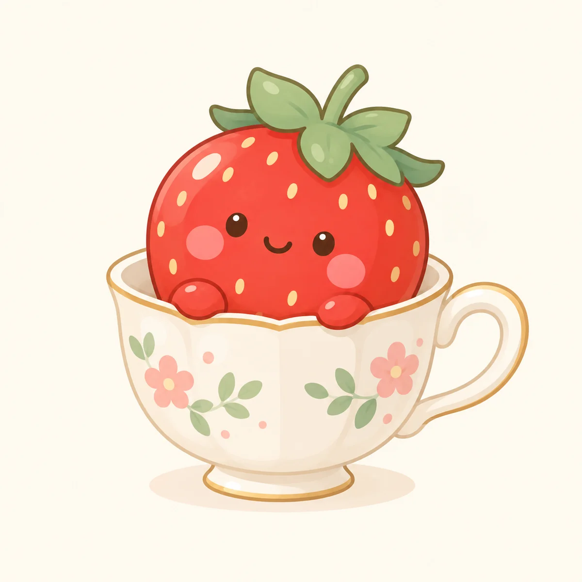 Kawaii Illustration: Smiling strawberry sitting in a teacup