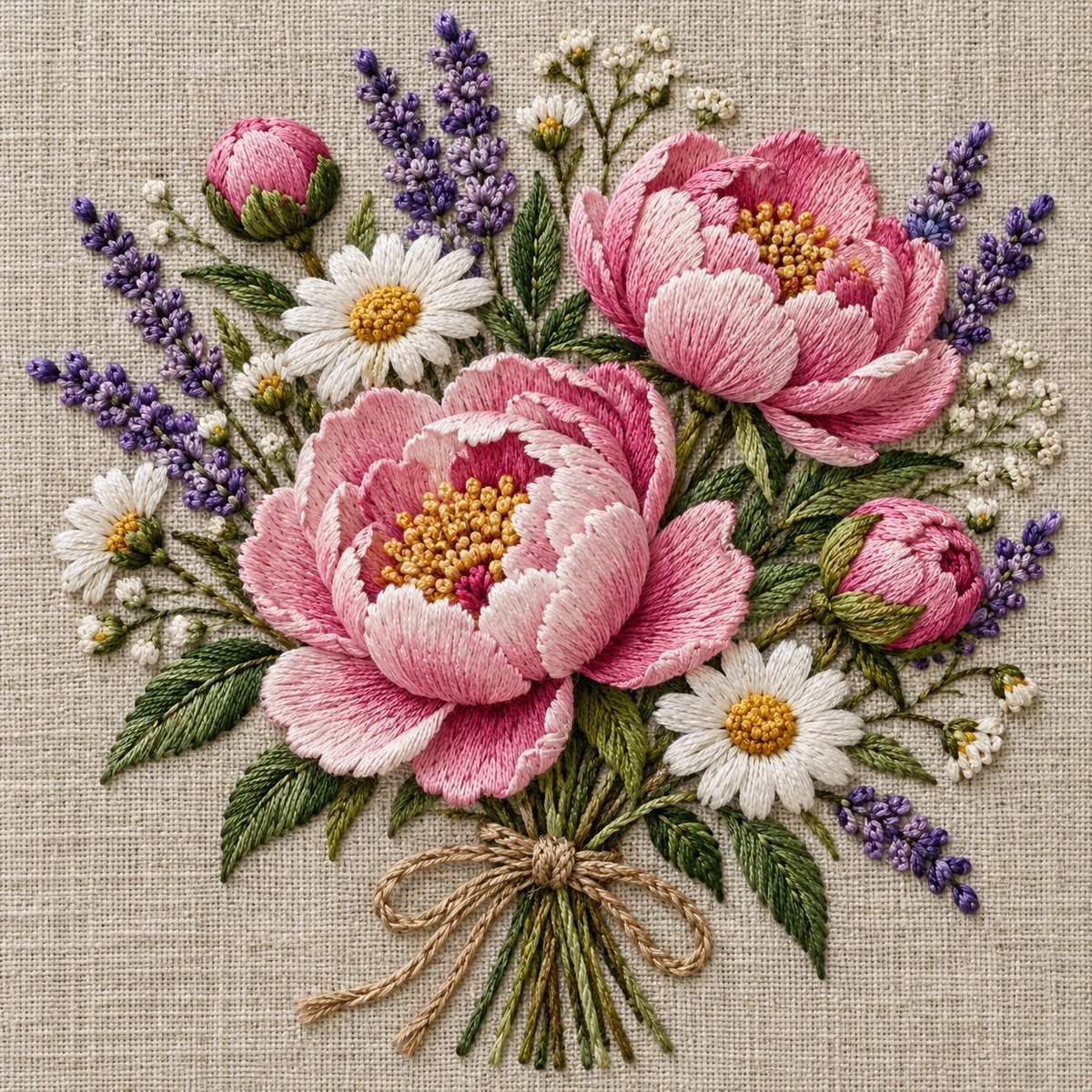 Embroidery Art: Delicate bouquet of pink peonies, lavender sprigs, and daisies stitched onto natural linen