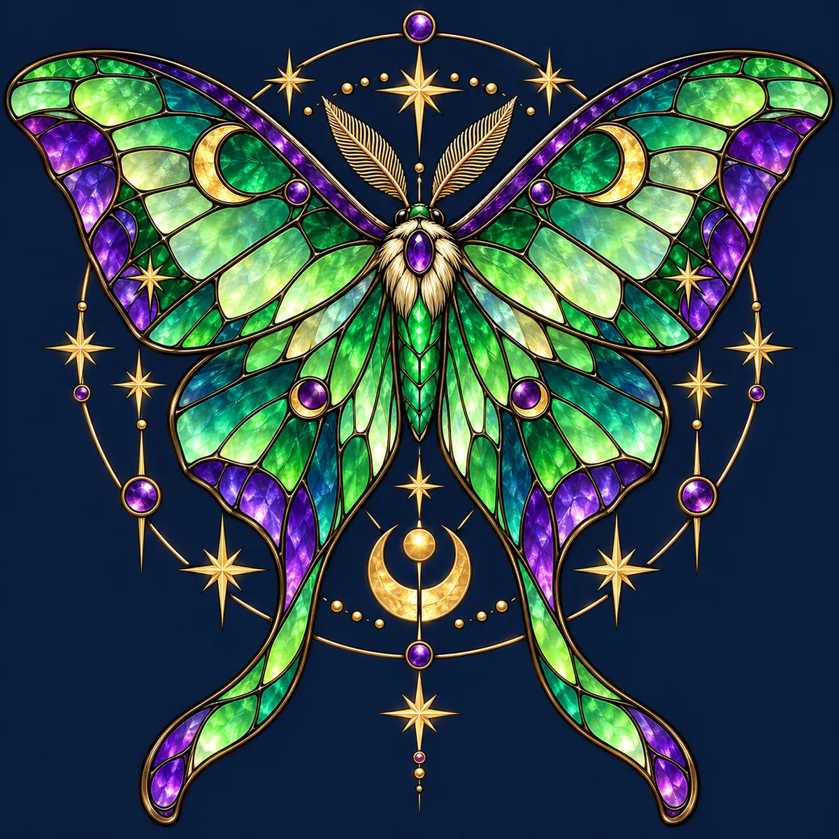 Stained Glass Illustration: Majestic luna moth with luminous emerald and violet glass wings surrounded by celestial stars