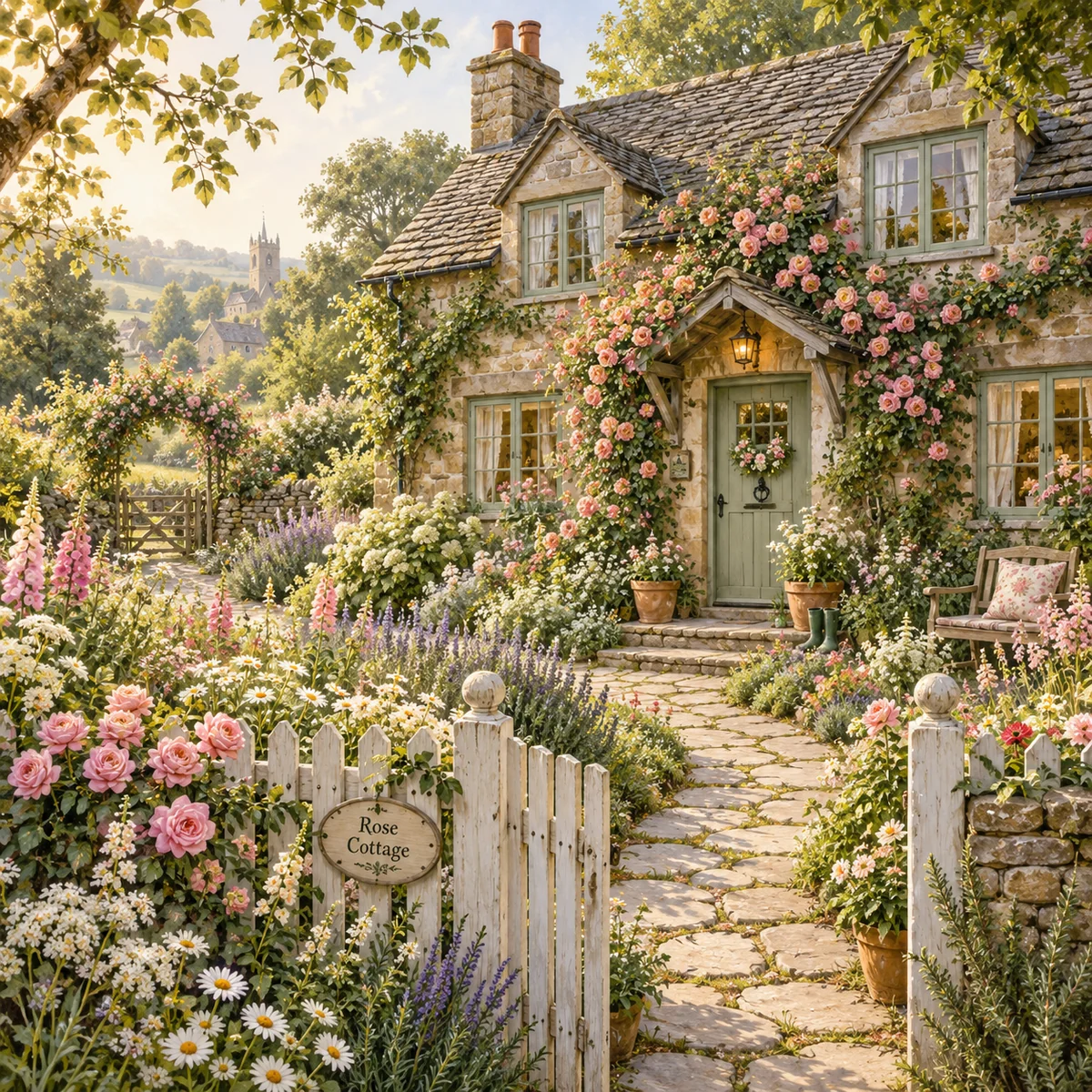 Cottagecore: Charming stone cottage surrounded by wildflowers, climbing roses, and a picket fence