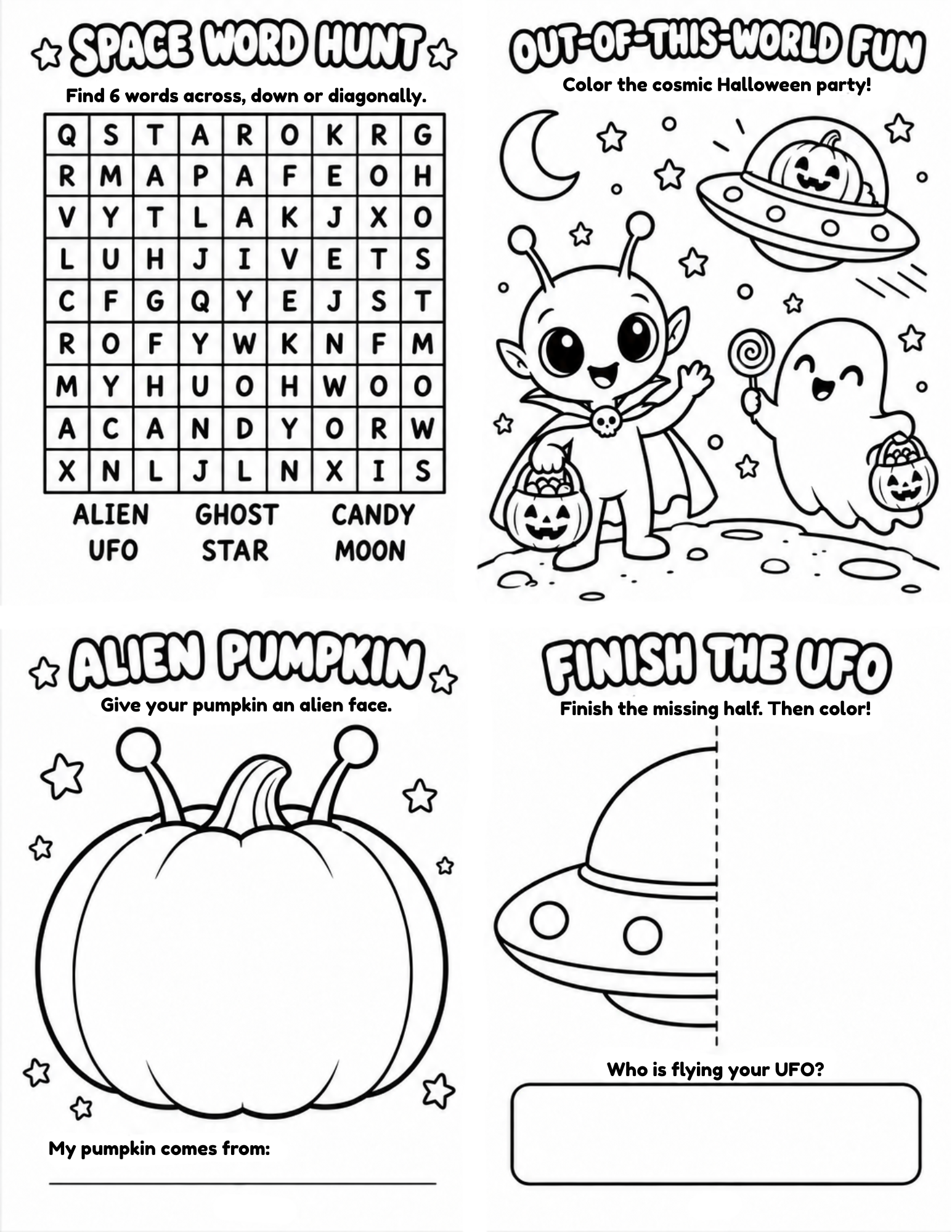 Space Word Hunt activity with six words to find: alien, ghost, candy, UFO, star, and moon.