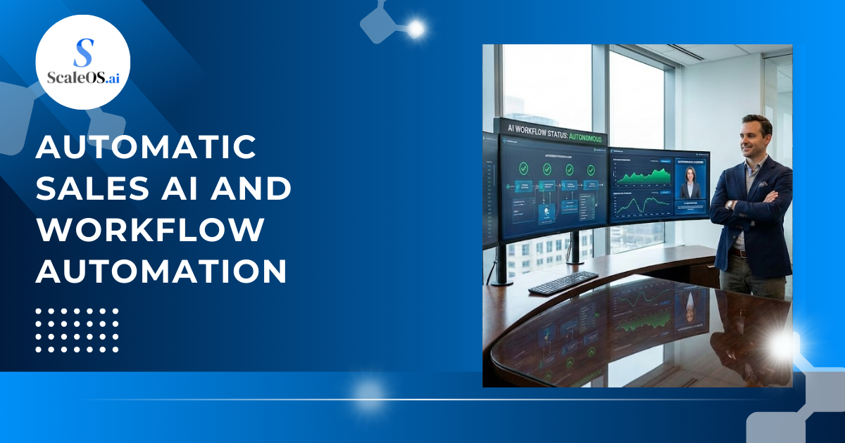 Automatic sales AI and workflow automation graphic featuring a professional standing by data-driven computer monitors. Automatic sales AI and workflow automation graphic featuring a professional standing by data-driven computer monitors.