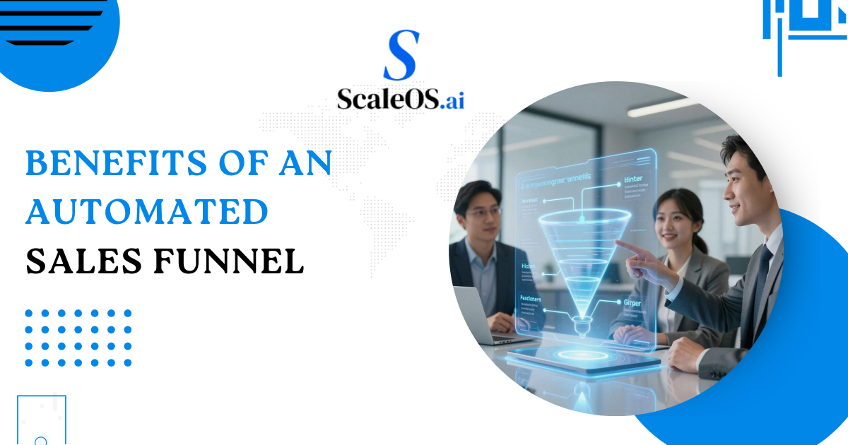 Benefits of an automated sales funnel by ScaleOS.ai showing a team pointing to a digital funnel visualization on a laptop screen. Benefits of an automated sales funnel by ScaleOS.ai showing a team pointing to a digital funnel visualization on a laptop screen.