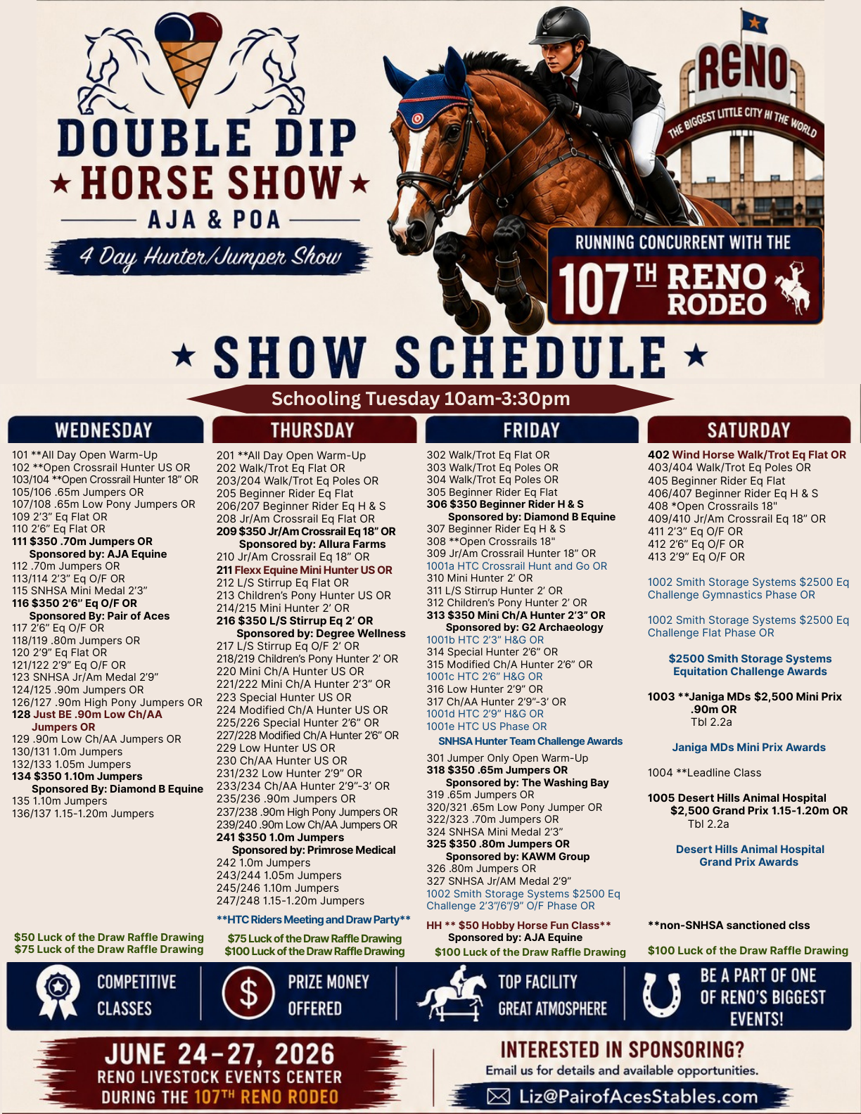 Double Dip Horse Show schedule for Wednesday, Thursday, Friday, and Saturday