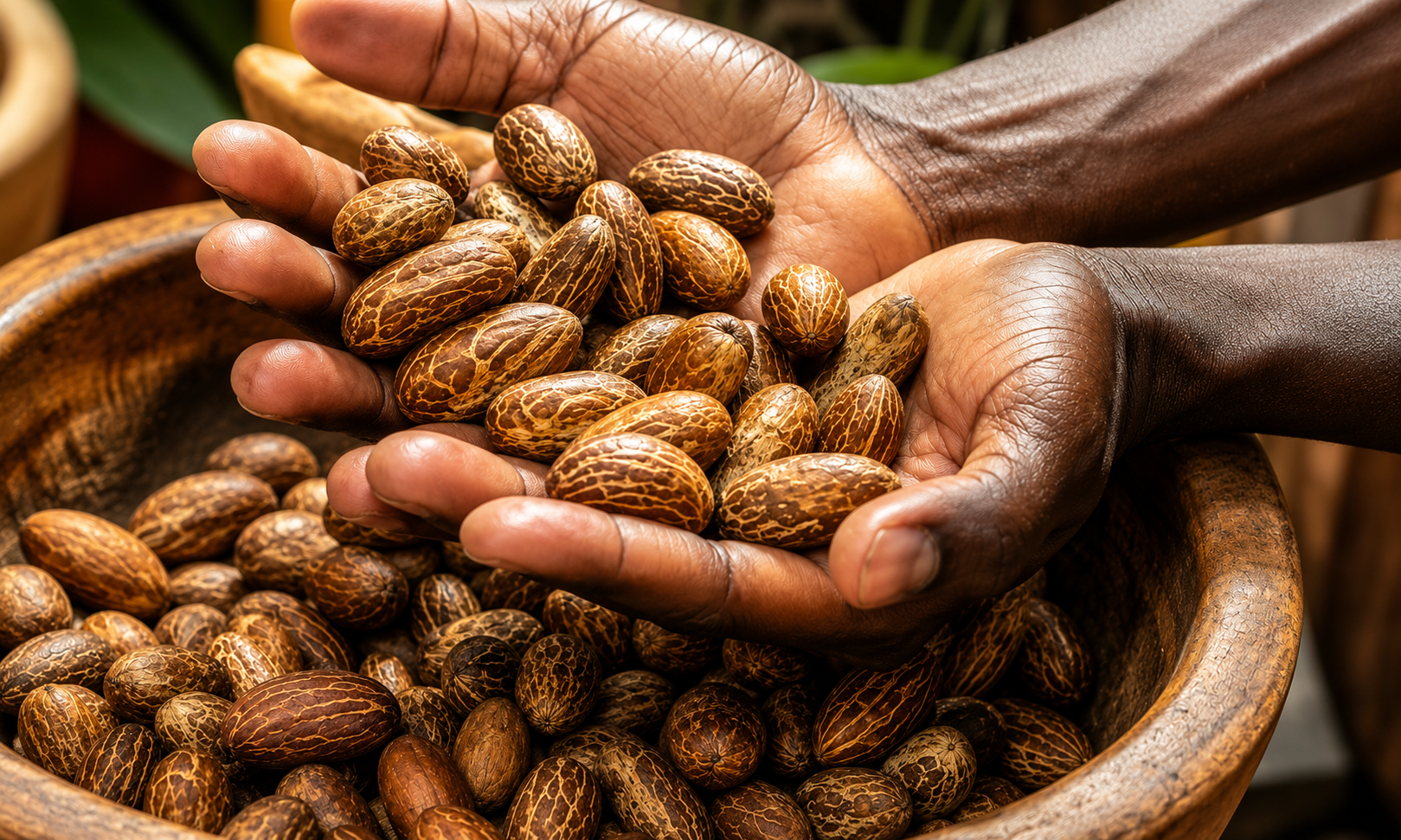 Hands holding African Bitter Kola nuts over a wooden bowl.