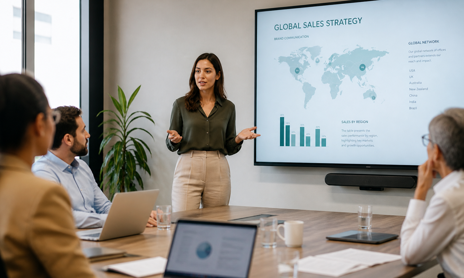 Business professional presenting a global sales strategy to executives.