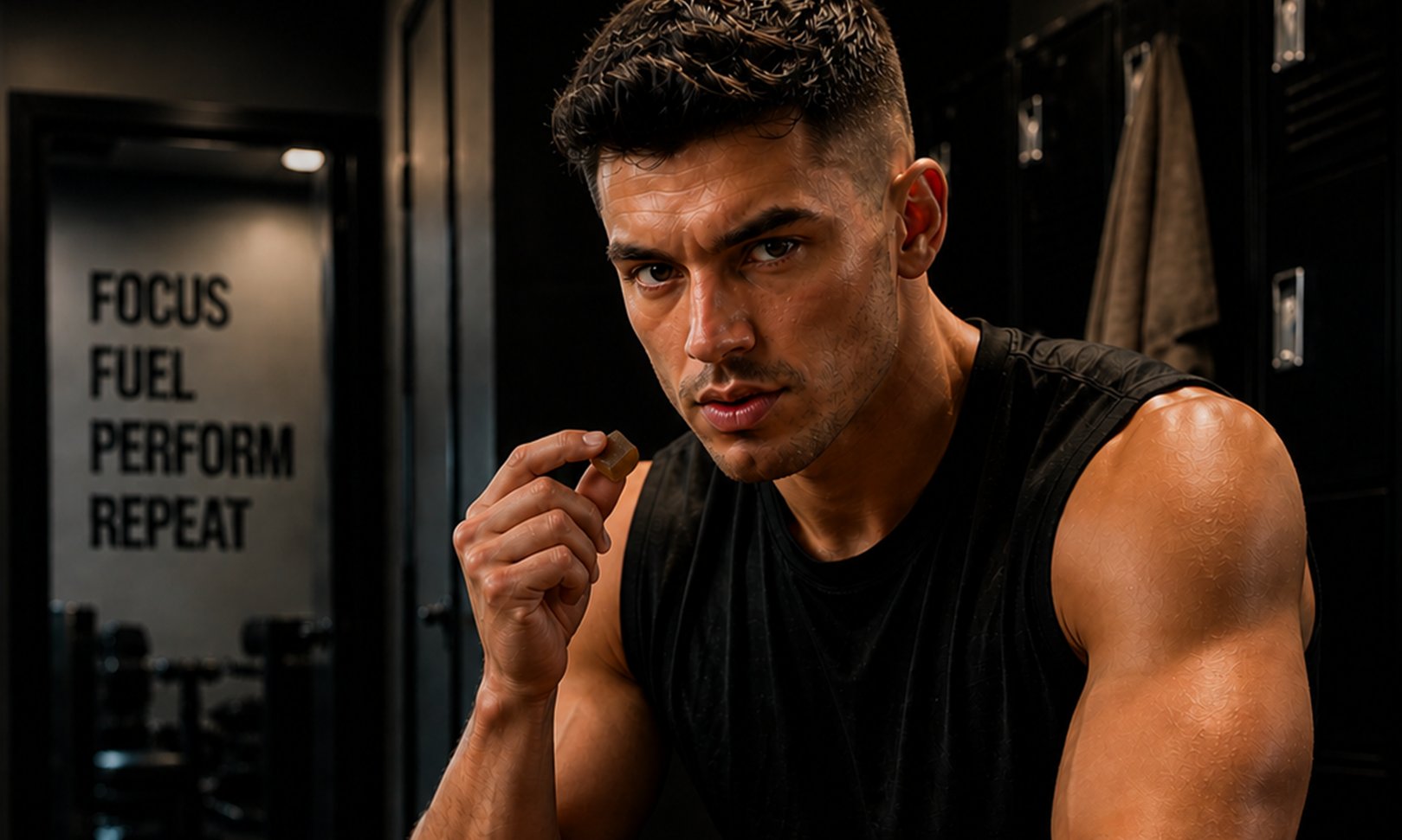 Athletic man holding a gummie in a gym locker room.