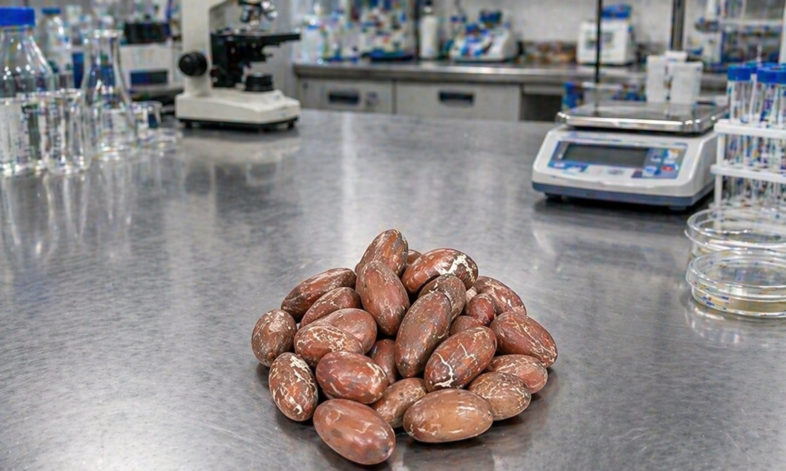 Bitter Kola nuts on a laboratory bench with scientific equipment.