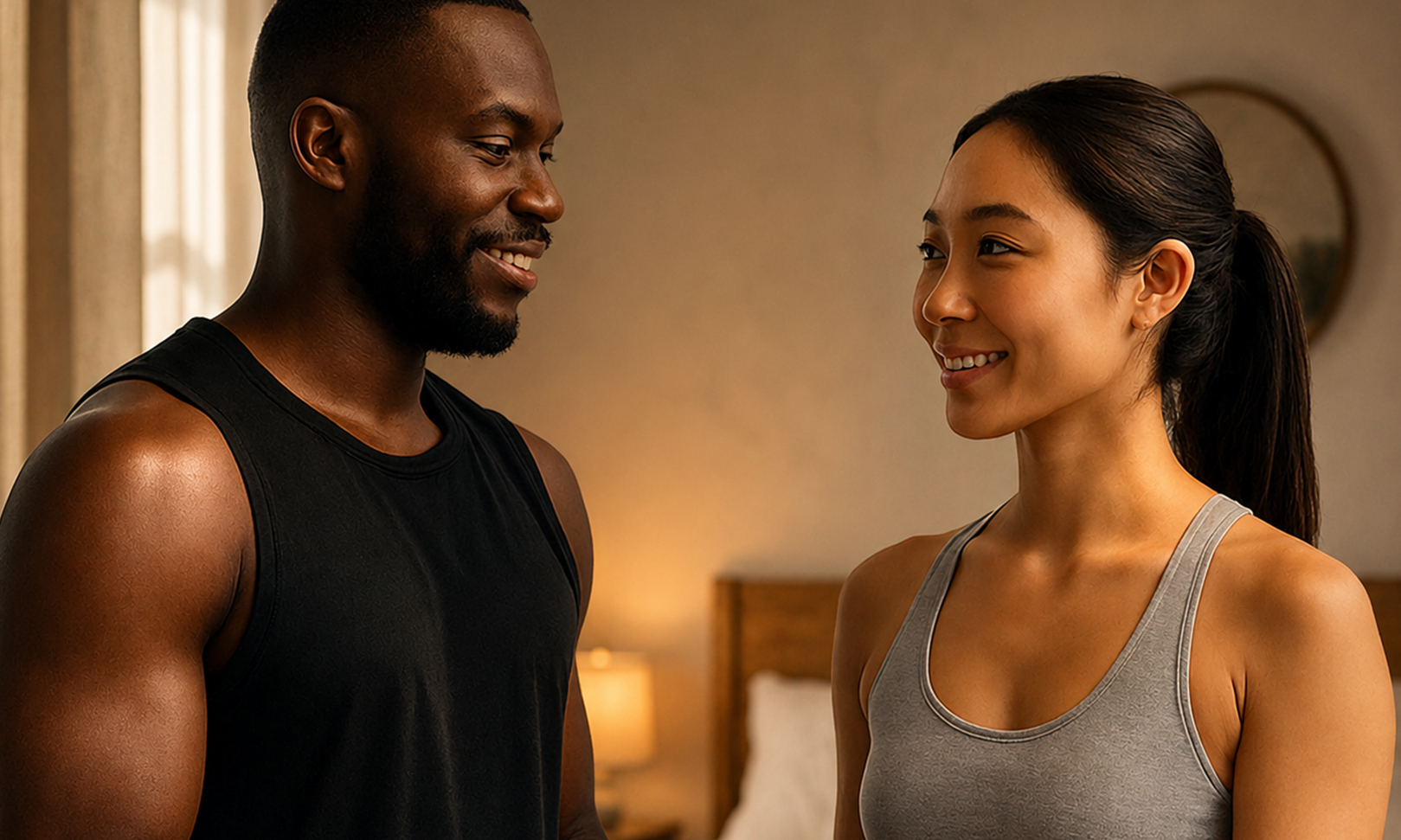 Couple sharing a warm moment after exercise.
