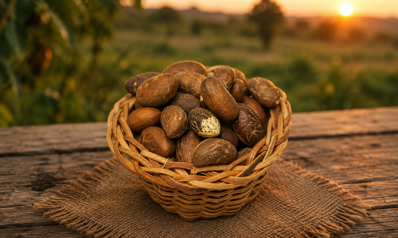 Basket of Bitter Kola nuts on a rustic wooden table at sunset