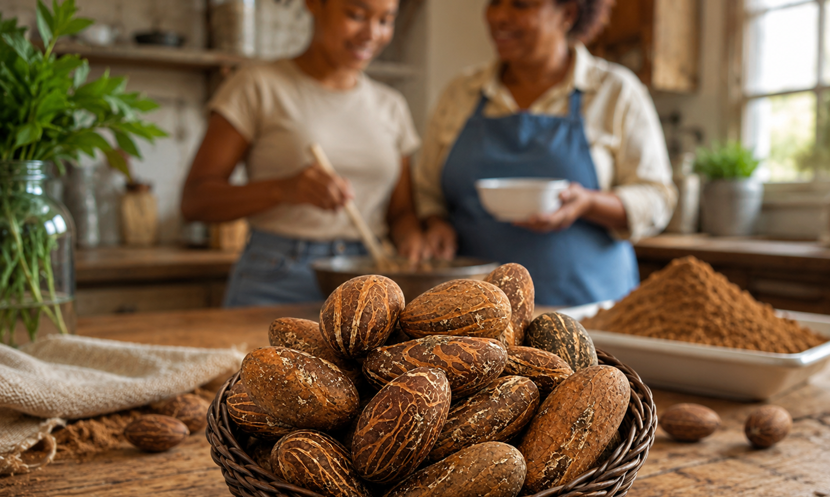 Basket of Bitter Kola nuts and Bitter Kola powder in a rustic country kitchen.