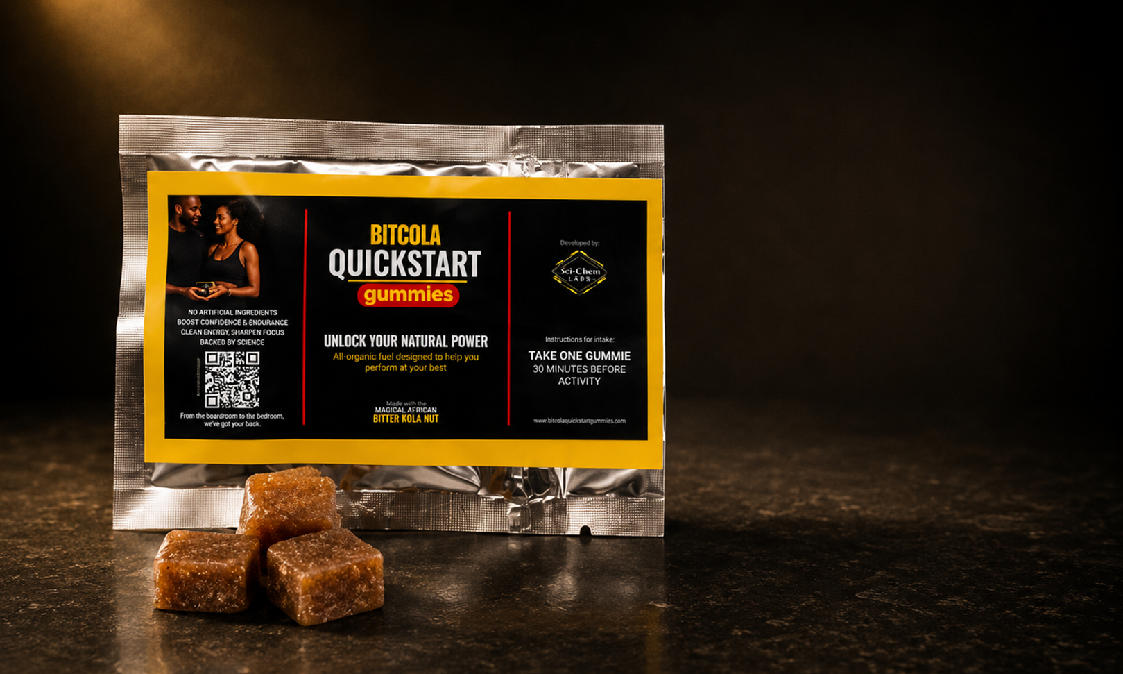 BITCOLA QuickStart Gummies packet with Bitter Kola gummies.