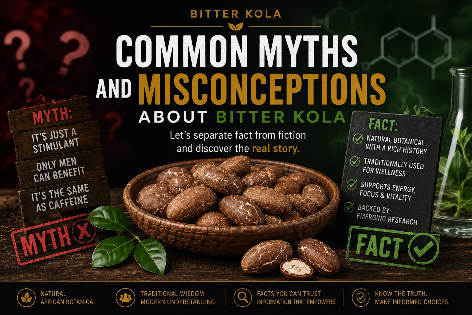 Bitter Kola myths versus facts infographic with Bitter Kola nuts.