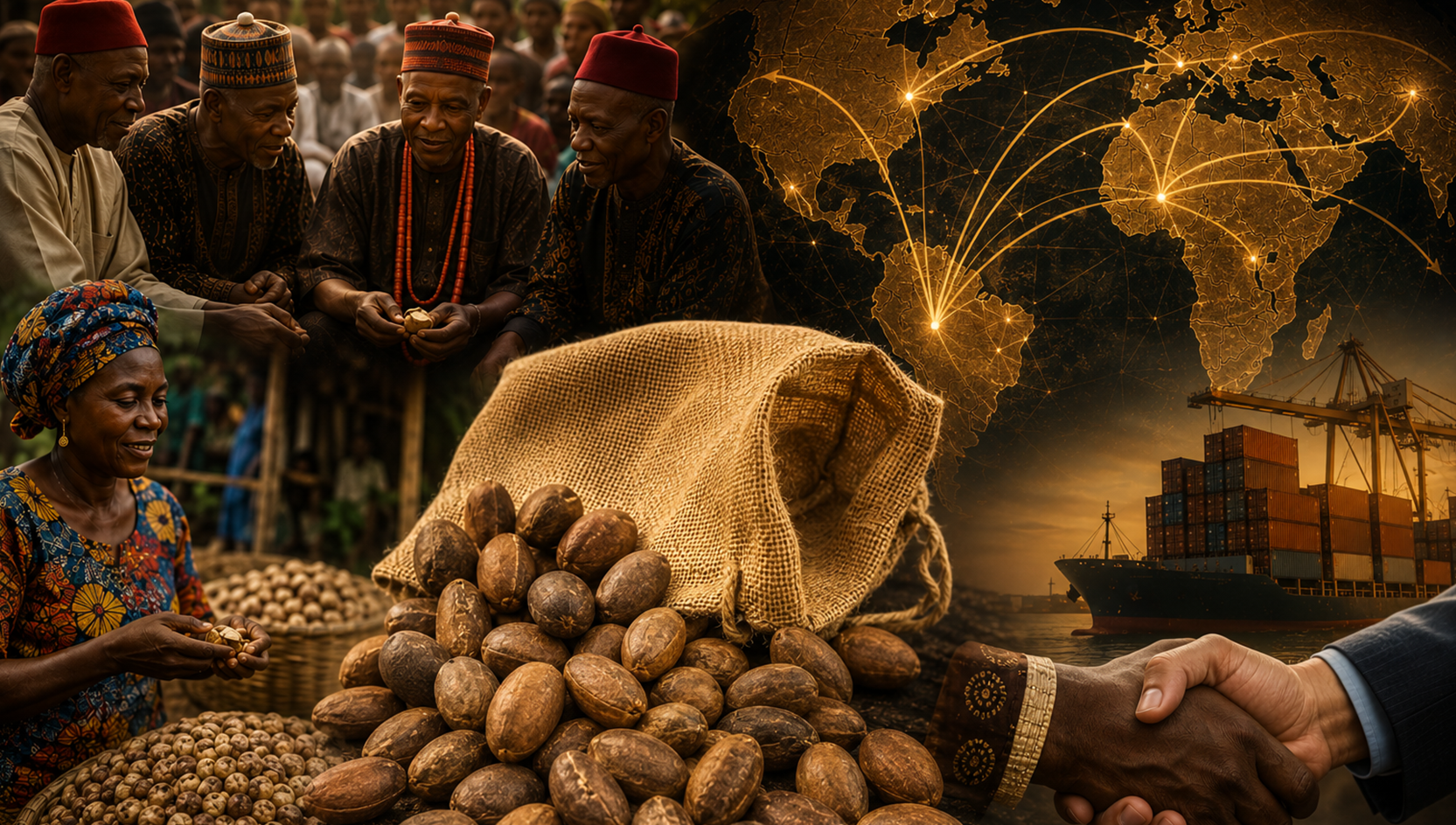 Bitter Kola nuts spilling from a burlap sack alongside African community traditions, and global trade routes