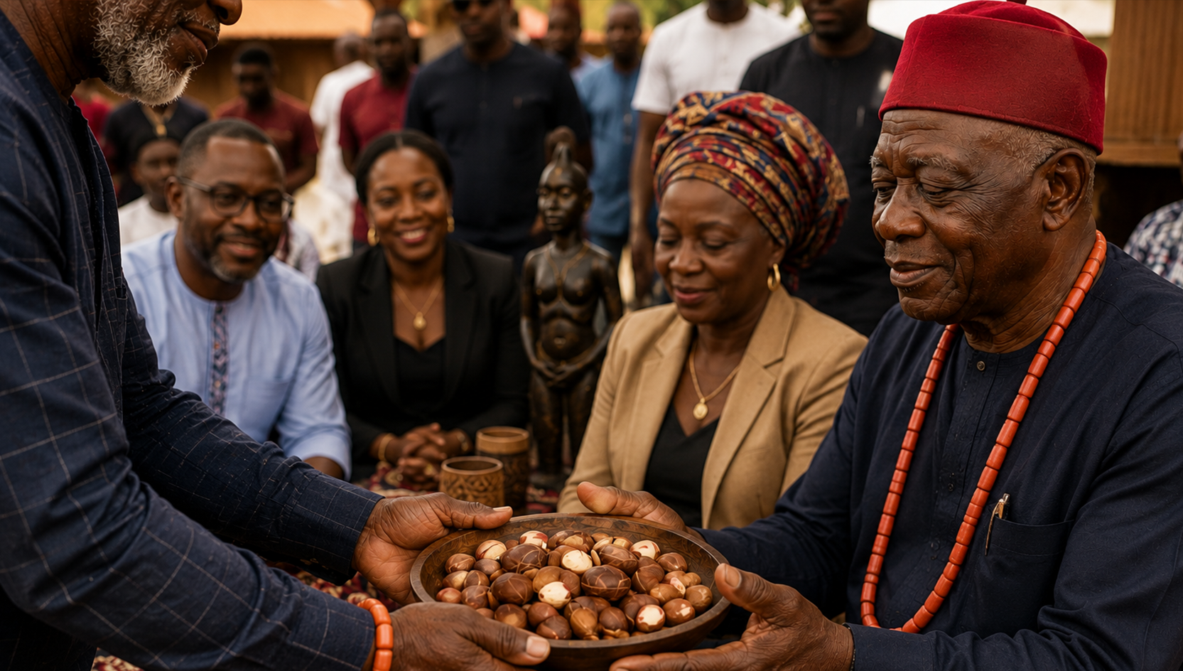 Contemporary African community leaders exchanging a wooden bowl of Bitter Kola.