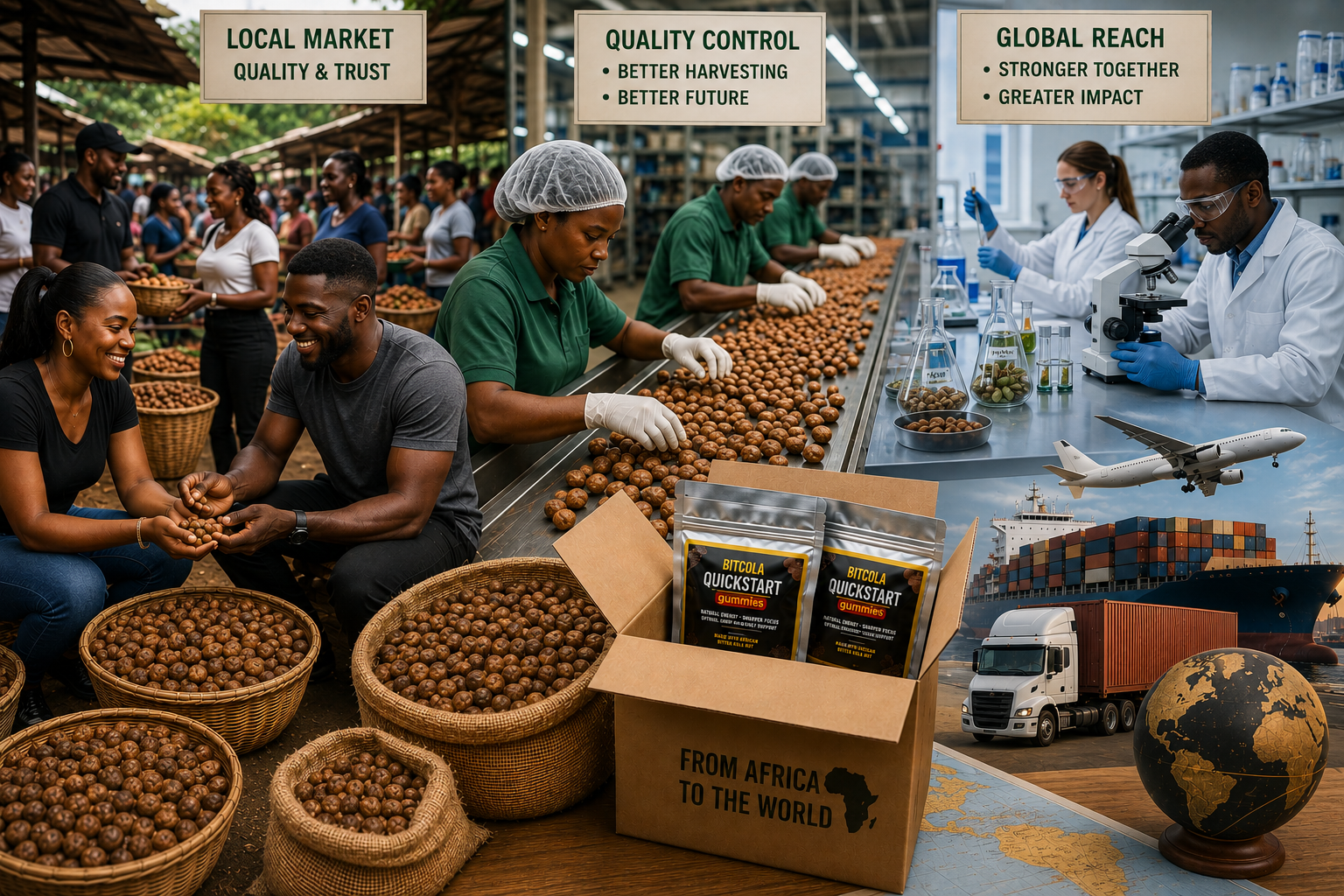Modern Bitter Kola supply chain showing local African markets, quality control processing, scientific laboratory testing, and global distribution.