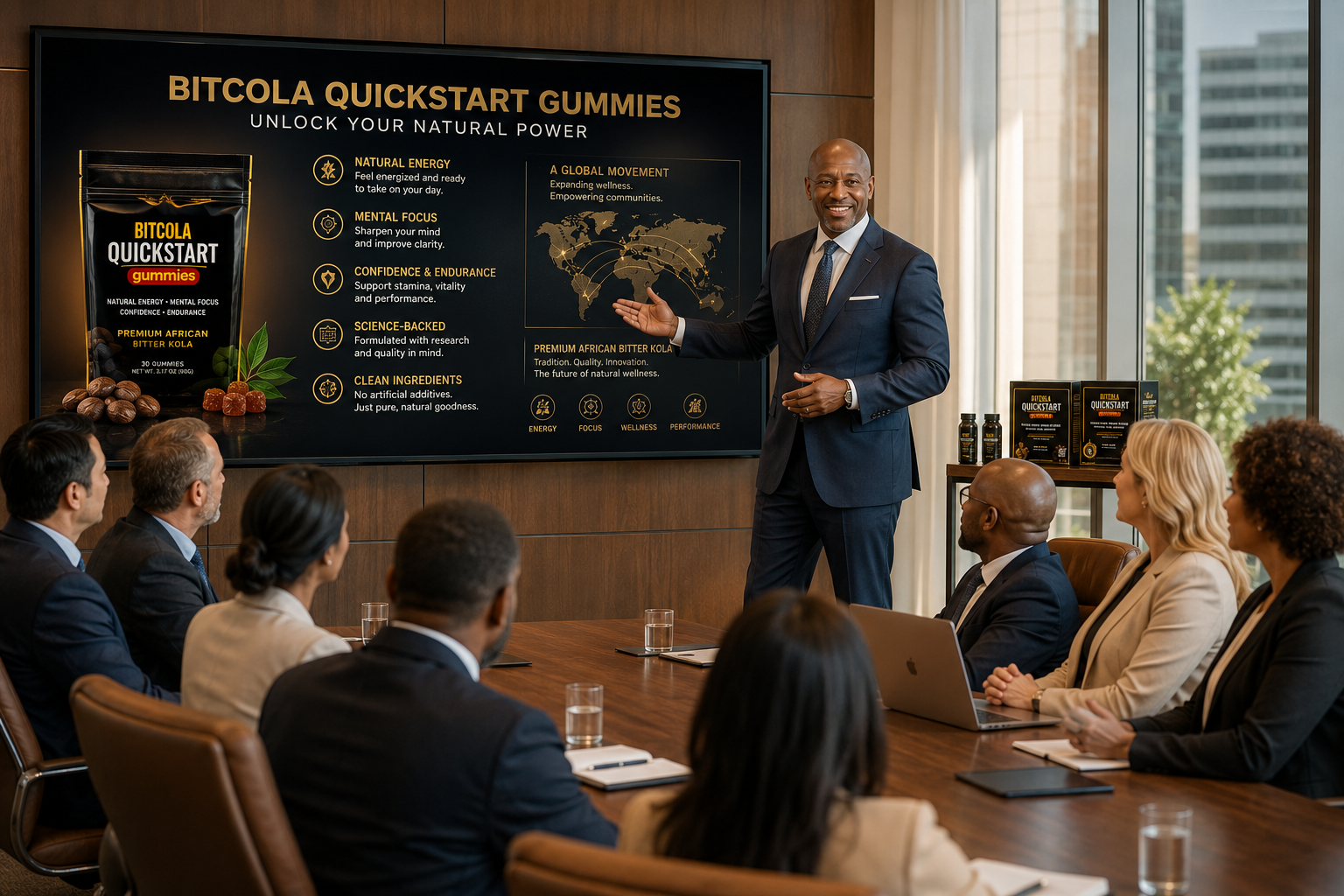 Business executive presenting BITCOLA QuickStart Gummies to corporate professionals.