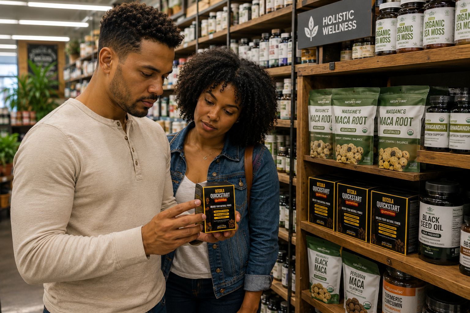 Customers examining a BITCOLA QuickStart Gummies box inside a dietary supplement store.