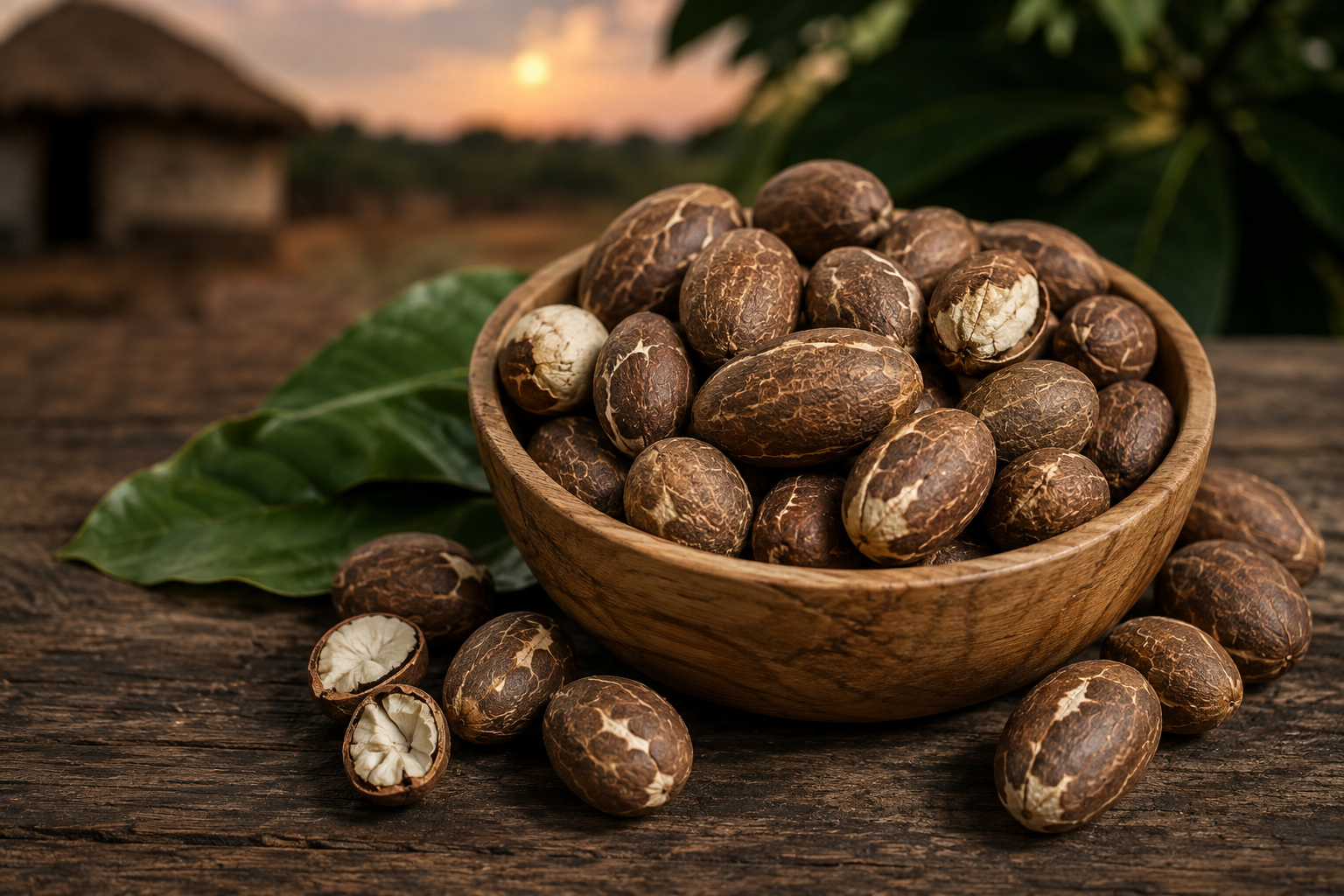Bitter Kola nuts in a wooden bowl on a rustic table.