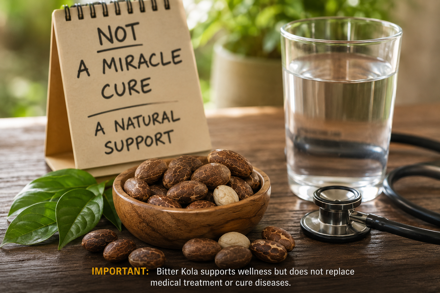 Bitter Kola nuts with a sign explaining it supports wellness, not medical treatment.