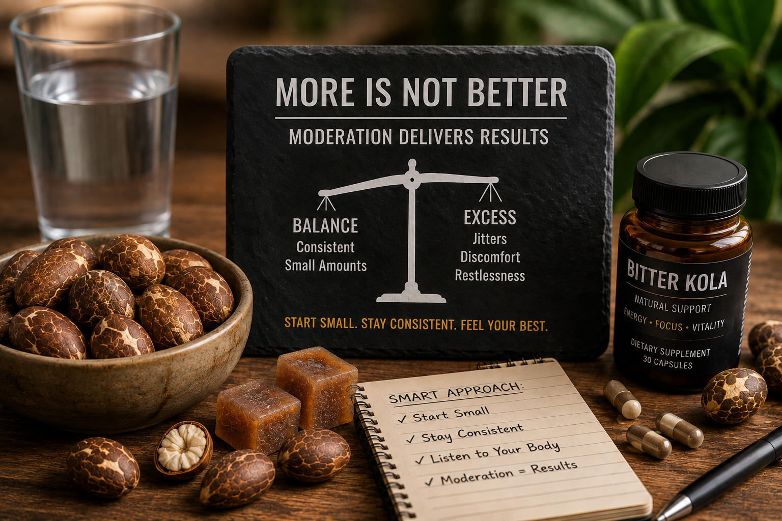 Bitter Kola gummies and nuts illustrating the importance of moderation.